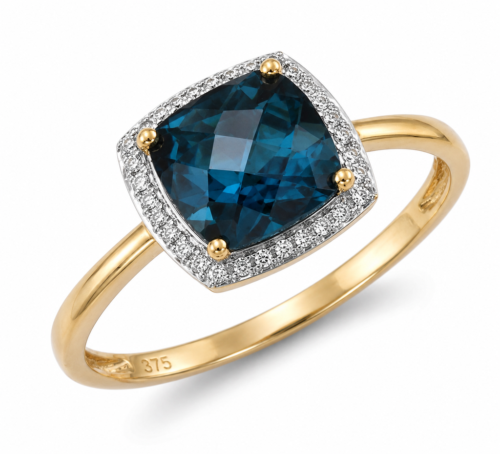 Checkerboard London Blue Topaz & Diamond Ring in 9ct Gold