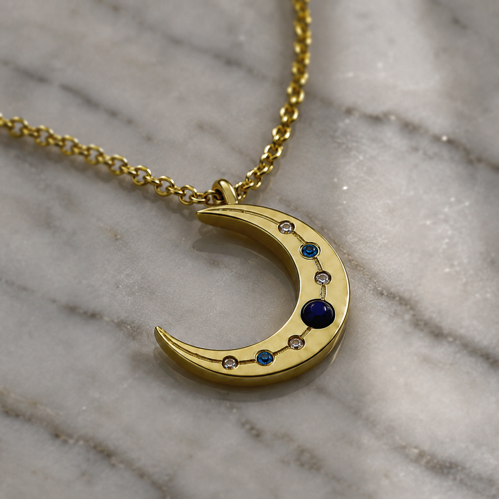 Sterling Silver Lapis & Cubic Zirconia Moon Necklace