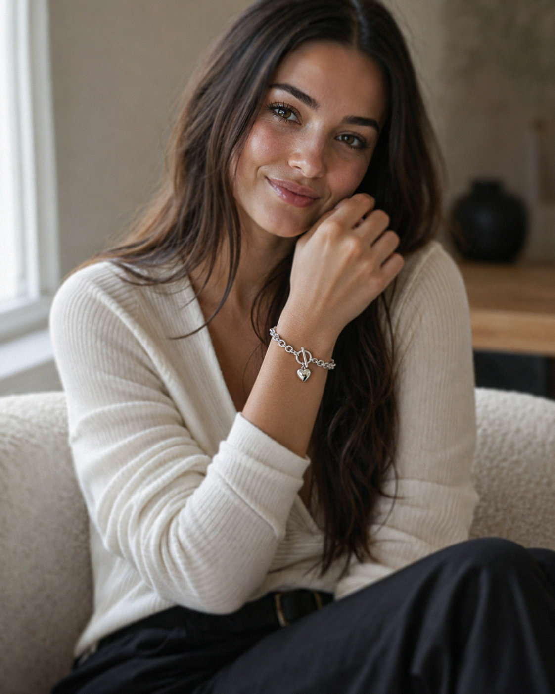 Sterling Silver Puff Heart T-Bar Chain Bracelet
