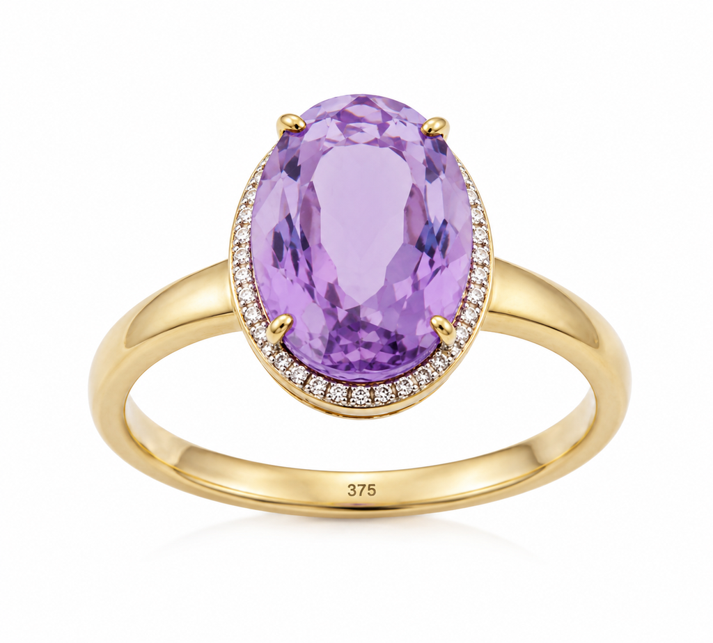 9ct Yellow Gold Irregular Amethyst Ring with Diamond Surround