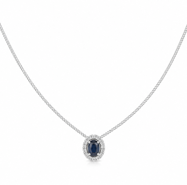 Blue Sapphire & Diamond Cluster Pendant in 9ct White Gold