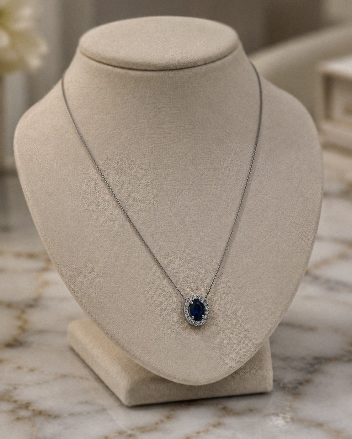 Blue Sapphire & Diamond Cluster Pendant in 9ct White Gold