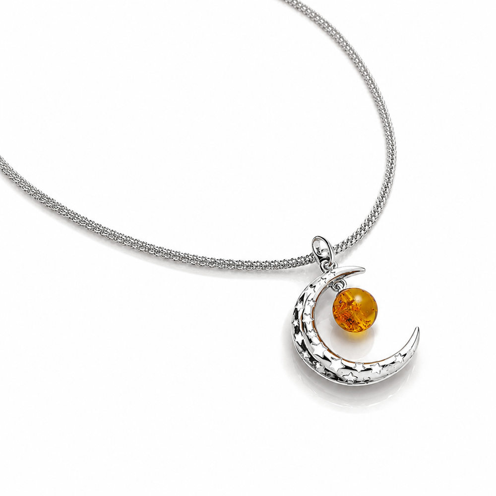 Sterling Silver Baltic Amber Crescent Moon Necklace