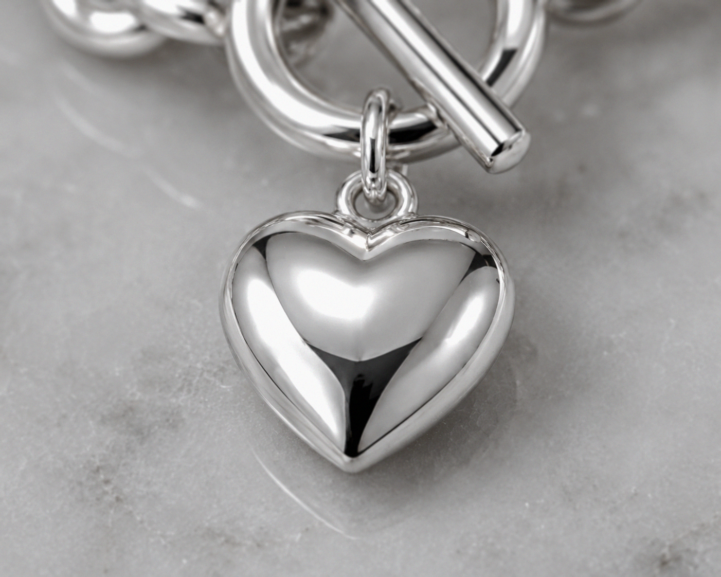 Sterling Silver Puff Heart T-Bar Chain Bracelet