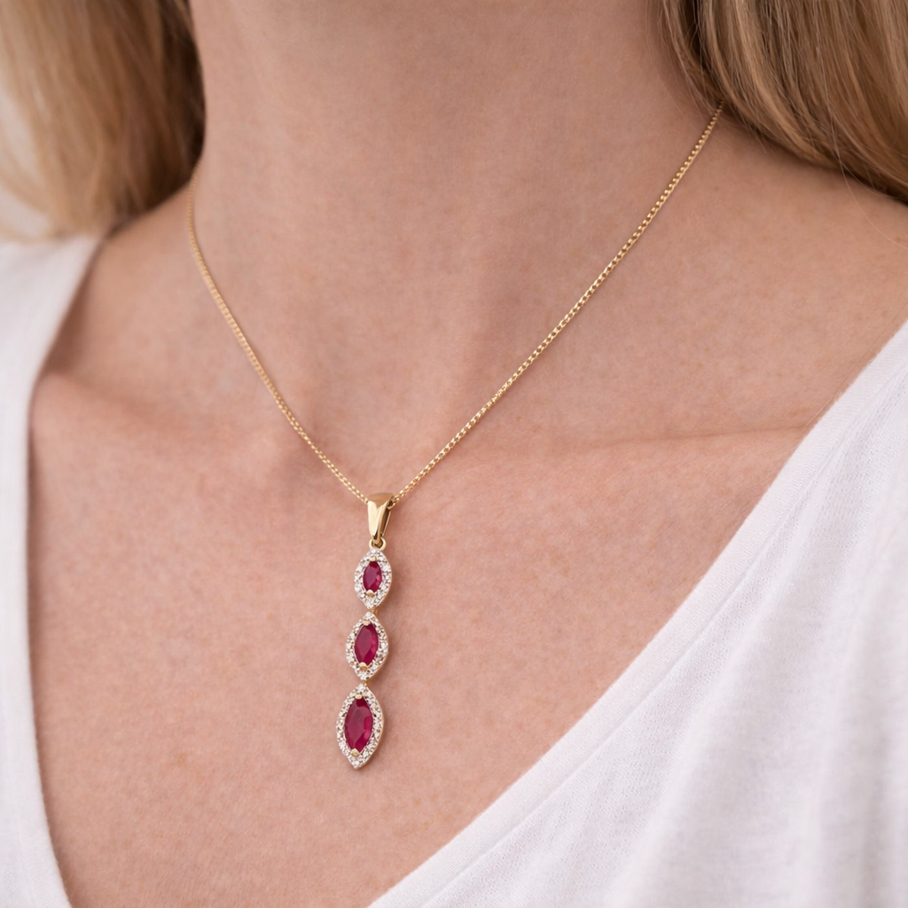 Marquise Triple Drop Ruby & Diamond Pendant Necklace in 9ct Yellow Gold