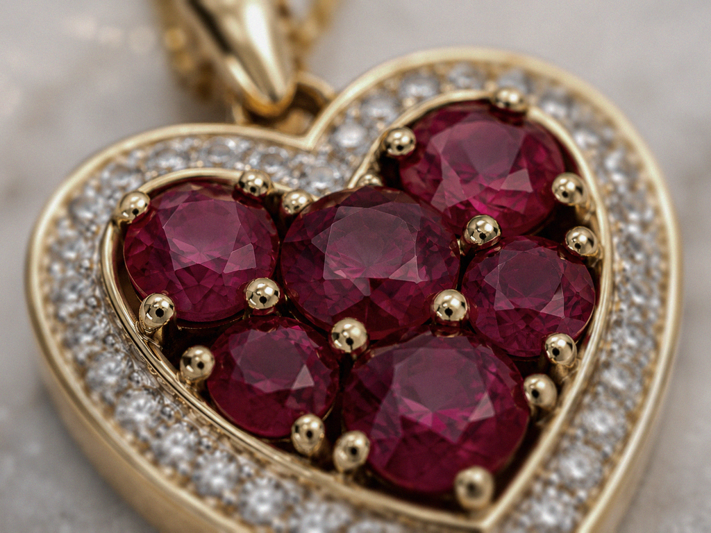 9ct Yellow Gold Ruby & Diamond Heart Pendant with Chain