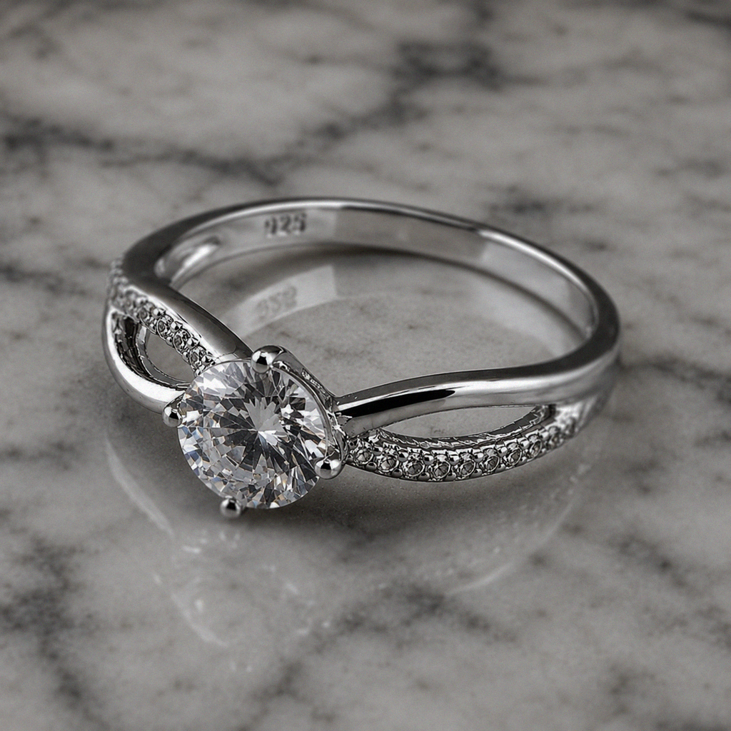 Sterling Silver Cubic Zirconia Crossover Solitaire Ring