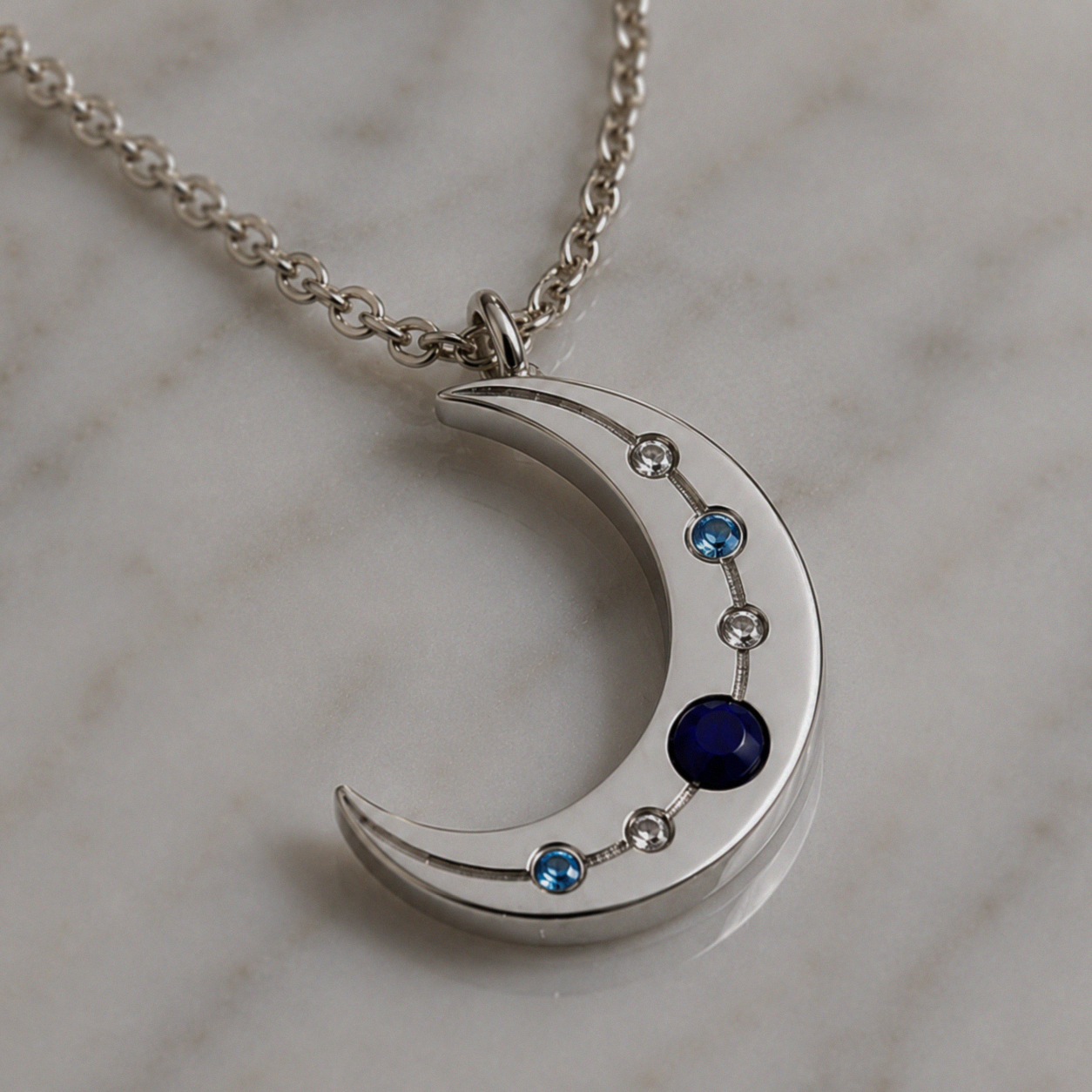 Sterling Silver Lapis & Cubic Zirconia Moon Necklace