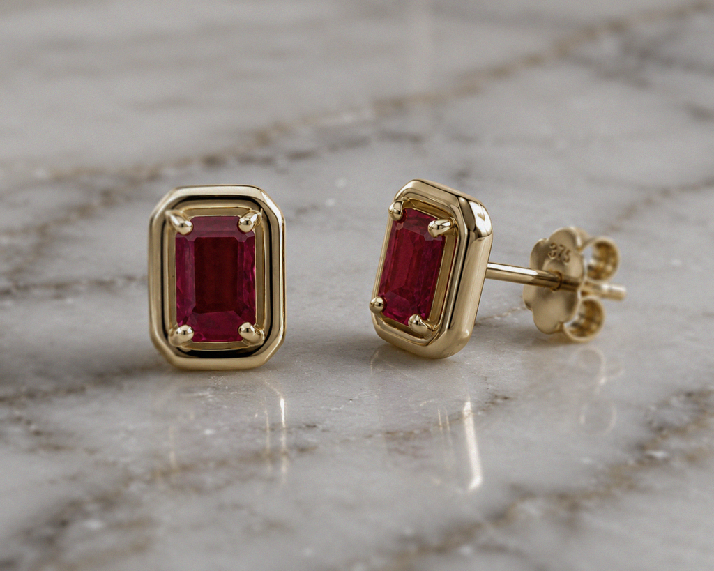 Chunky Border Ruby Stud Earrings in 9ct Yellow Gold