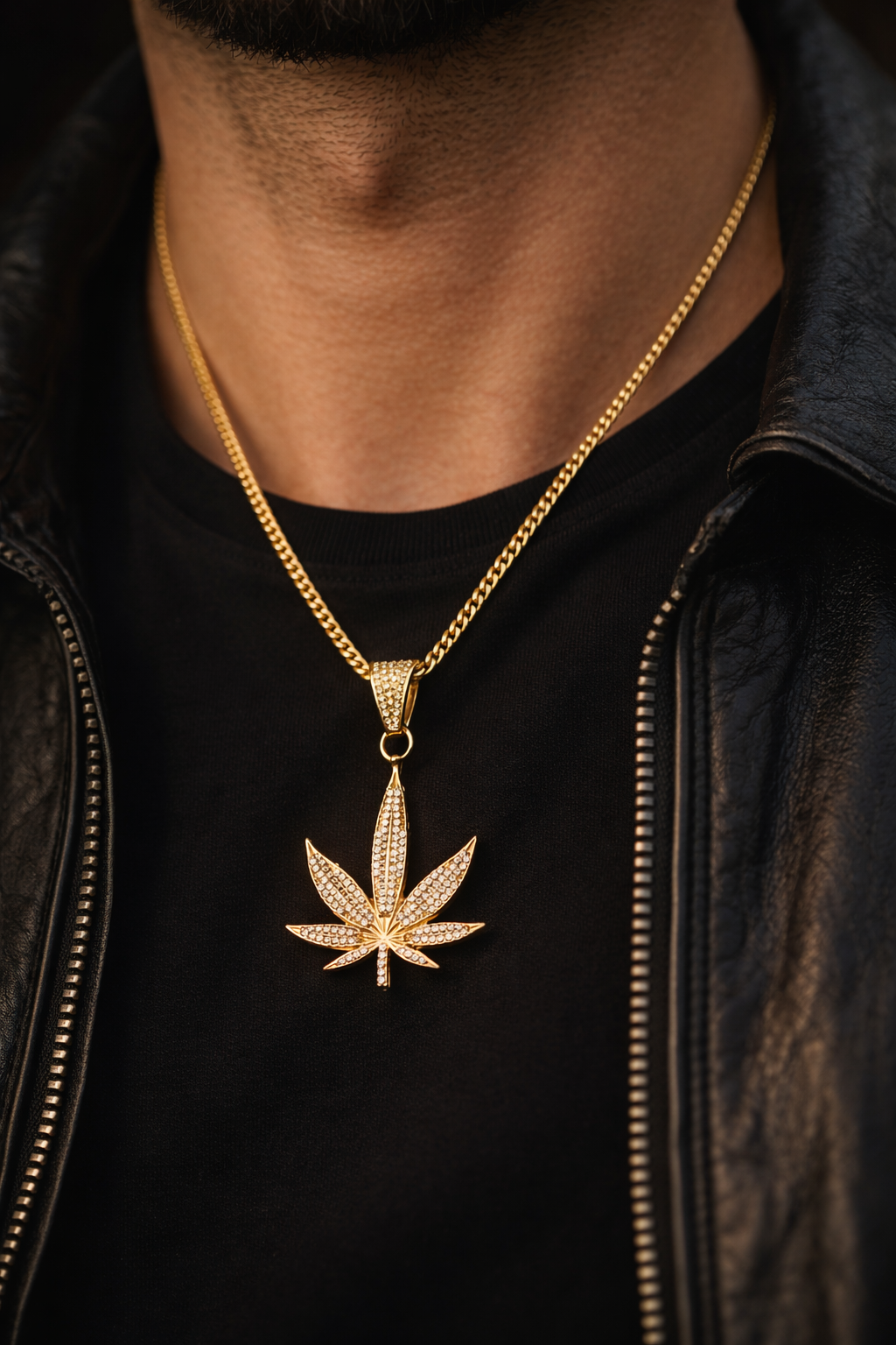 9ct Gold CZ Leaf Necklace with 18ct Diamond Cut Curb Chain