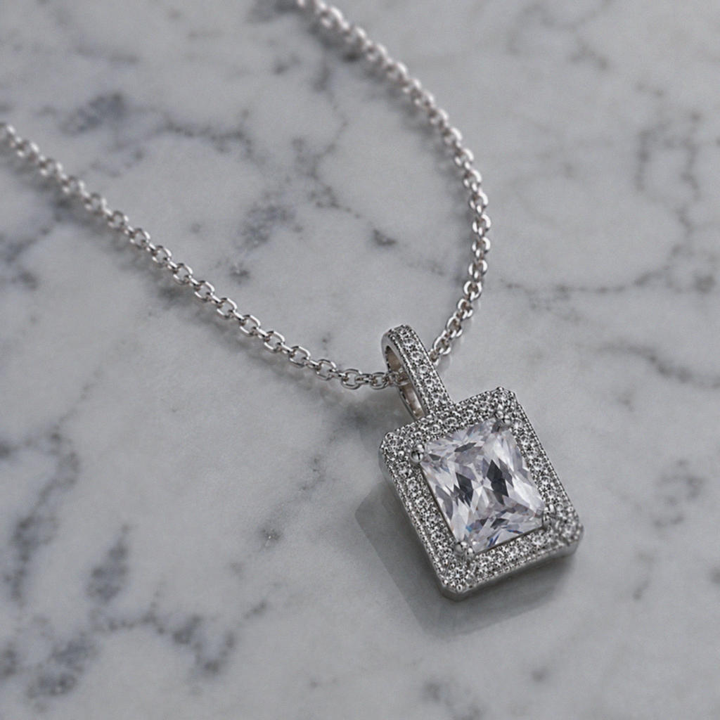 Sterling Silver Cubic Zirconia Rectangular Halo Pendant Necklace