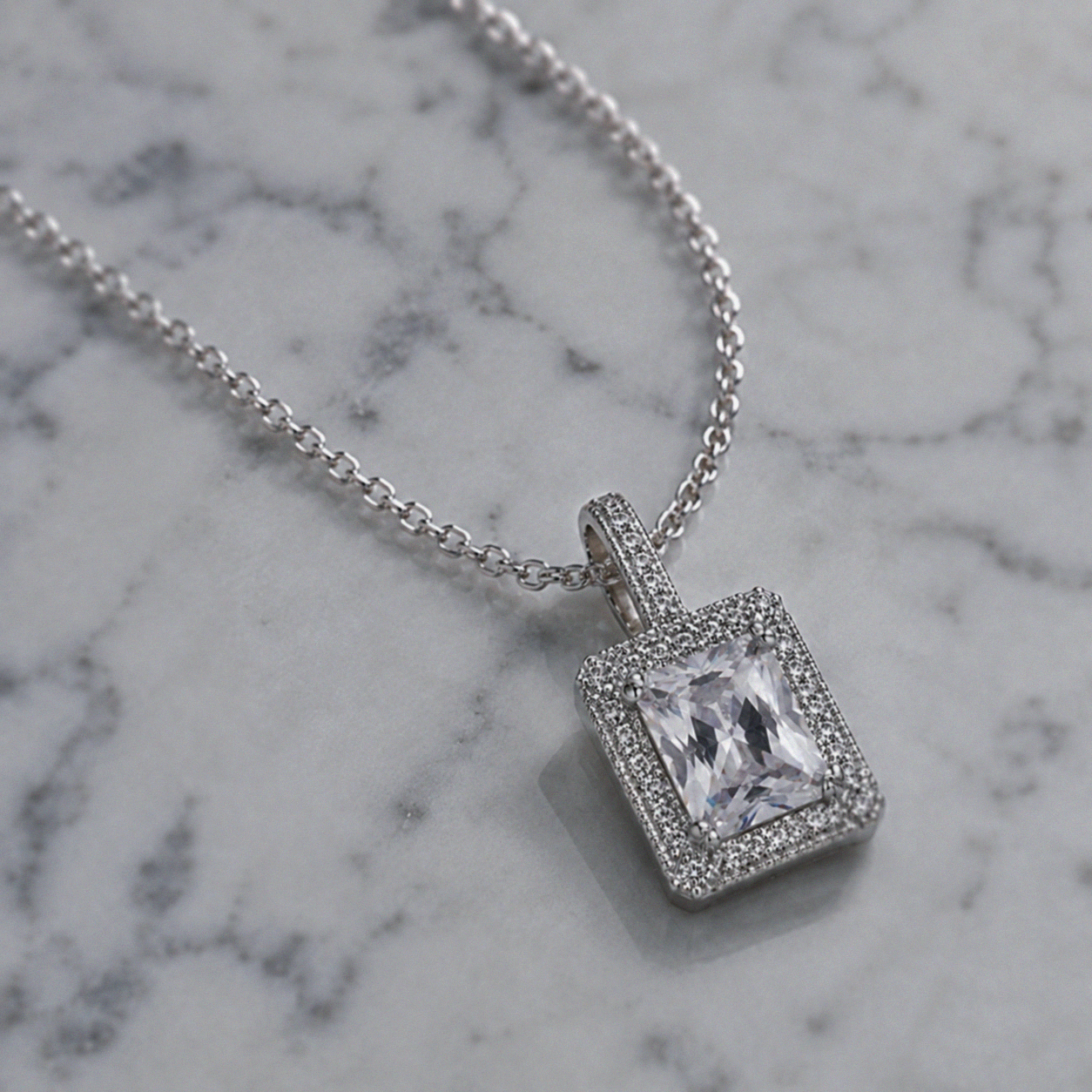 Sterling Silver Cubic Zirconia Rectangular Halo Pendant Necklace
