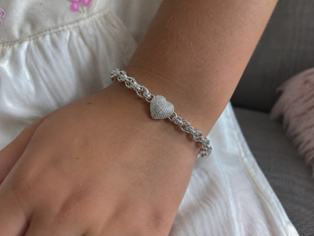 Children’s Sterling Silver Cubic Zirconia Heart Belcher Bracelet