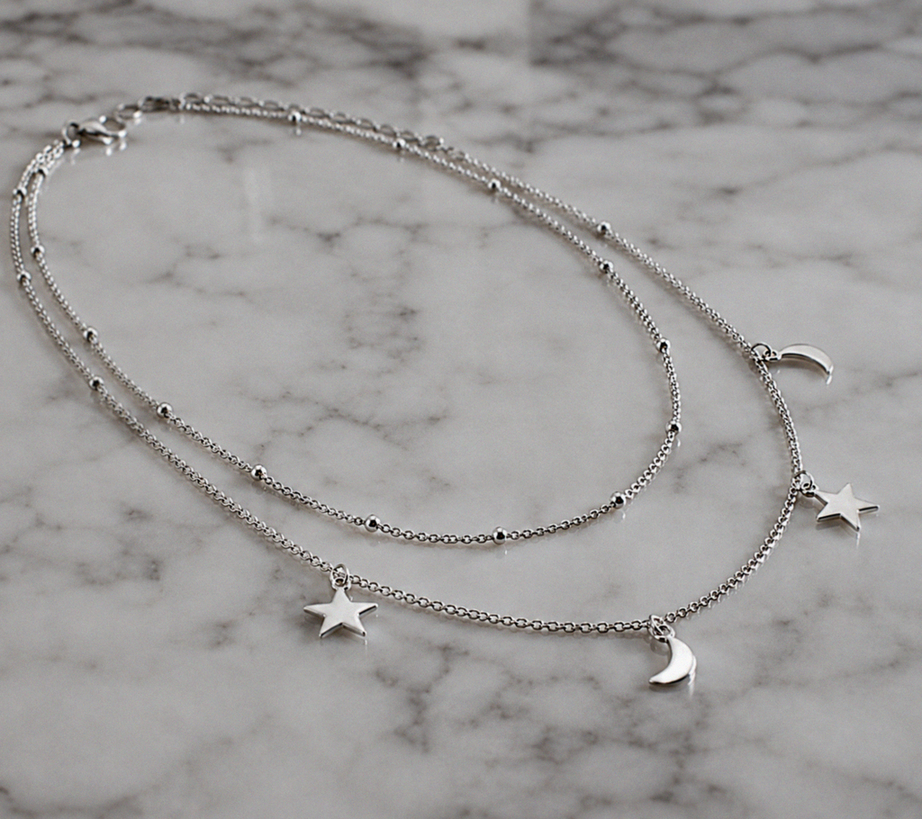 Sterling Silver Star & Moon Double Row Necklace