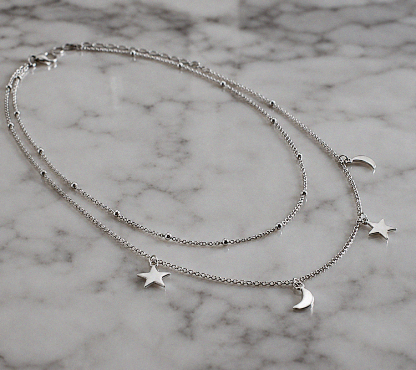 Sterling Silver Star & Moon Double Row Necklace