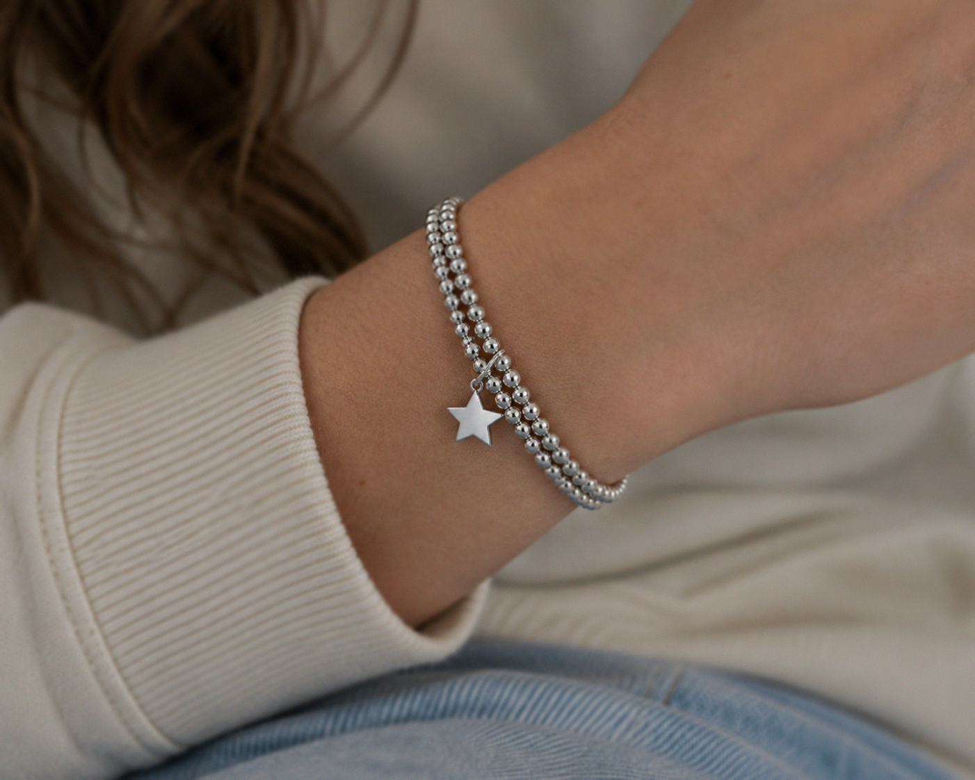 Double Row Stretch Bracelet with Star Charm – Sterling Silver