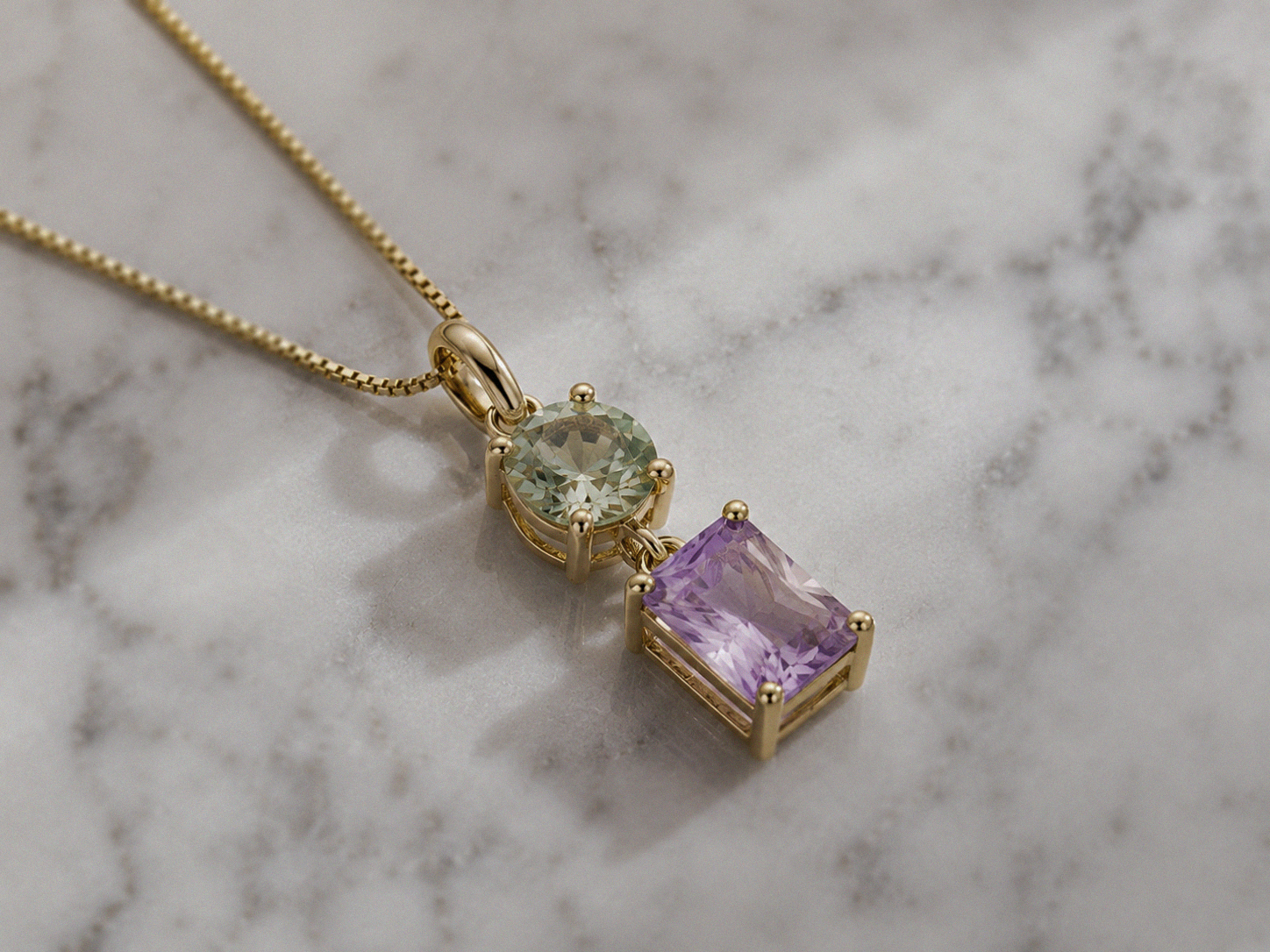 9ct Yellow Gold Toi et Moi Quartz & Amethyst Pendant Necklace. (With chain)