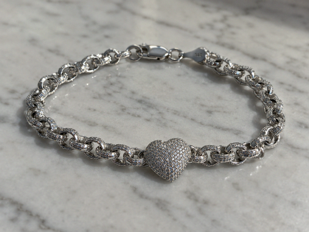 Children’s Sterling Silver Cubic Zirconia Heart Belcher Bracelet