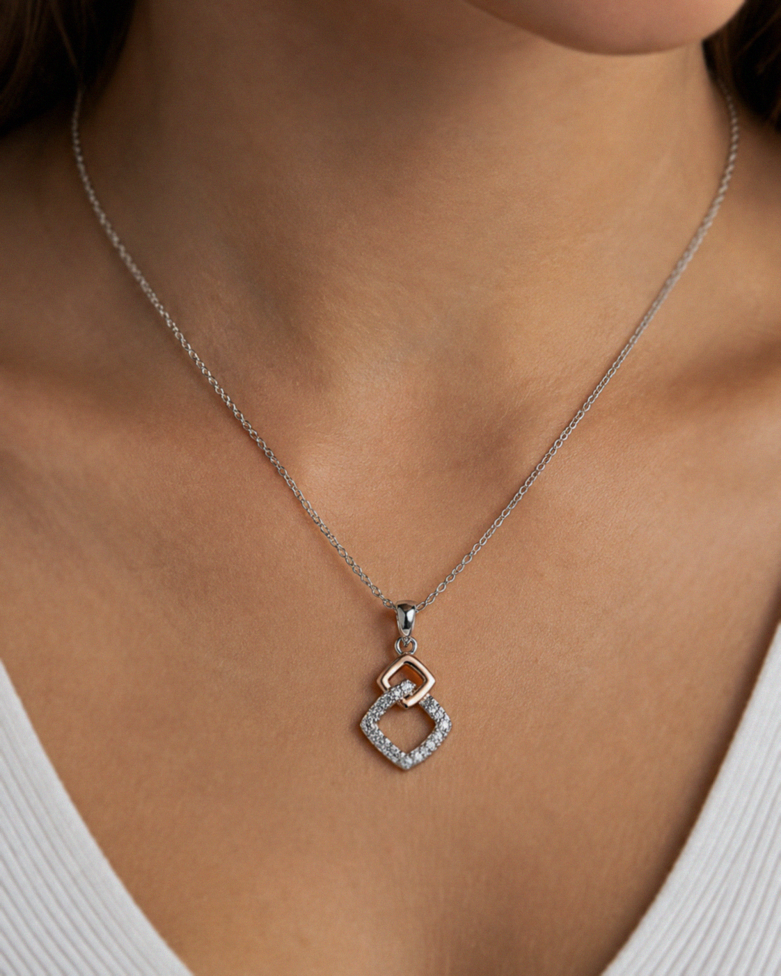 Sterling Silver Two-Tone Cubic Zirconia Square Pendant Necklace