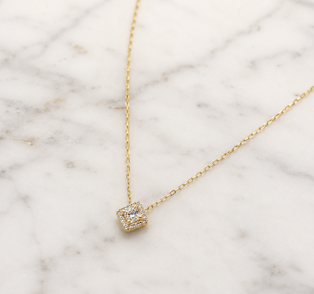 9ct Yellow Gold Cubic Zirconia Mini Square Necklace