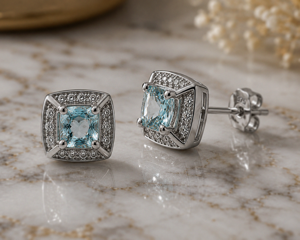 9ct White Gold Aquamarine & Diamond Stud Earrings