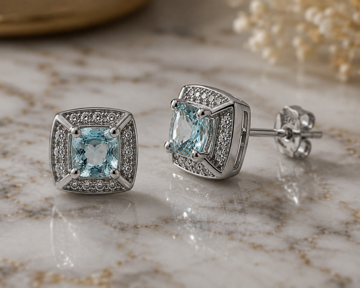 9ct White Gold Aquamarine & Diamond Stud Earrings