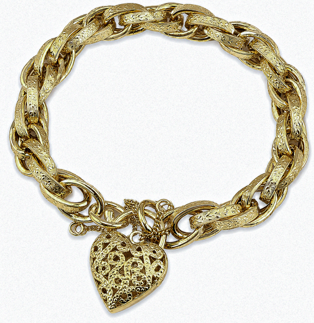 Solid 9ct Yellow Gold Prince of Wales Bracelet with Filigree Heart Padlock – 19.5g