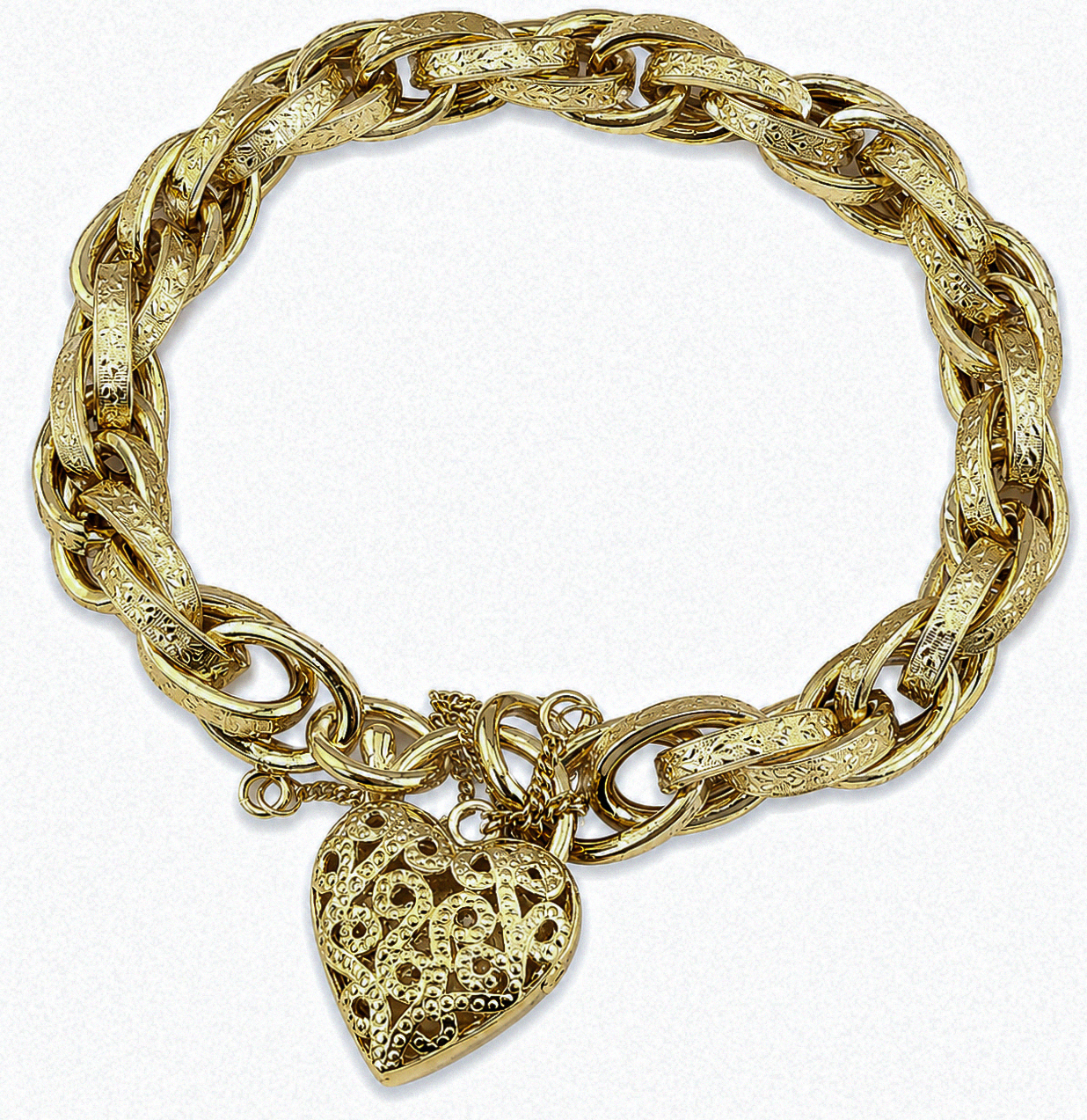 Solid 9ct Yellow Gold Prince of Wales Bracelet with Filigree Heart Padlock – 19.5g