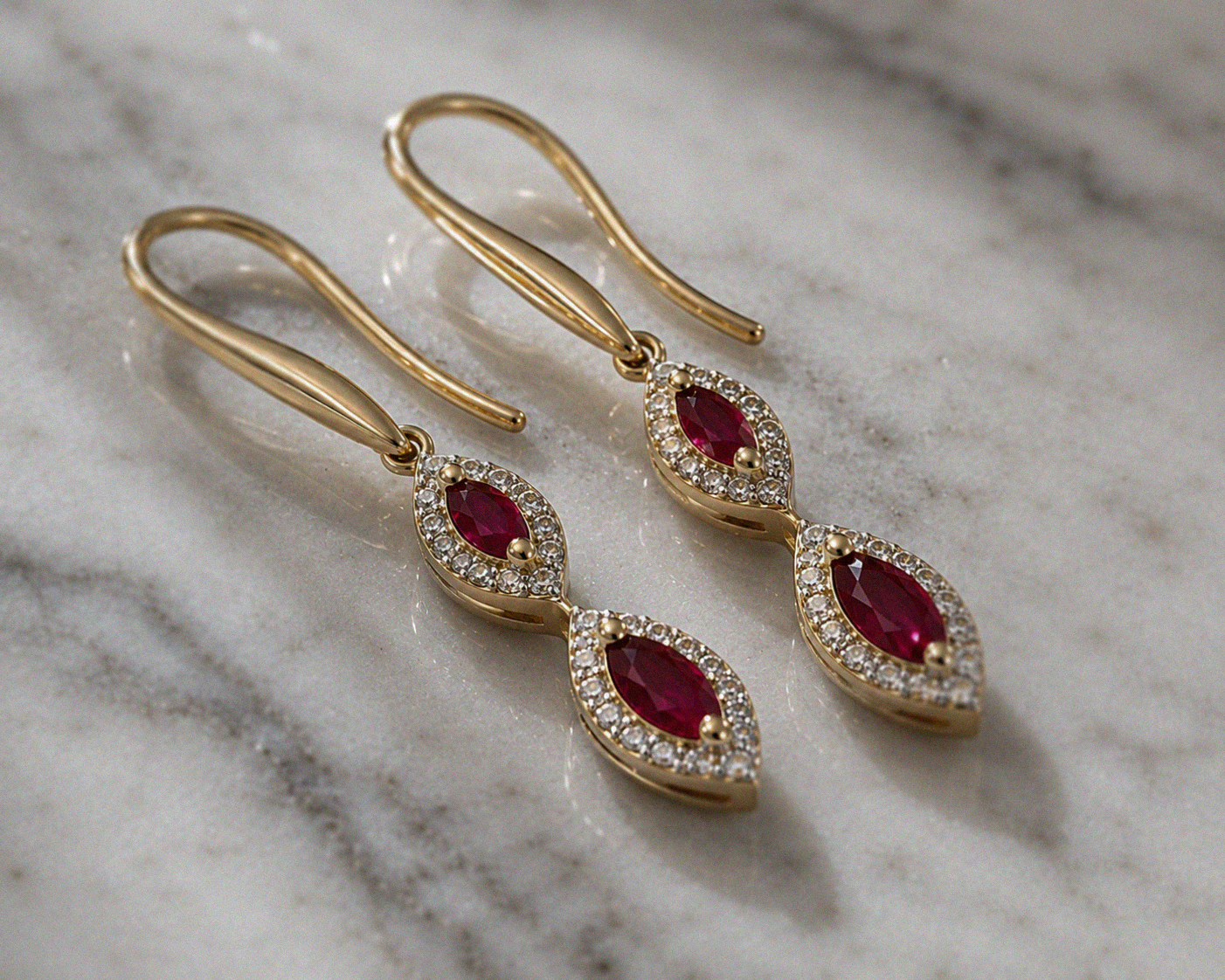 Marquise Double Drop Ruby & Diamond Earrings in 9ct Yellow Gold
