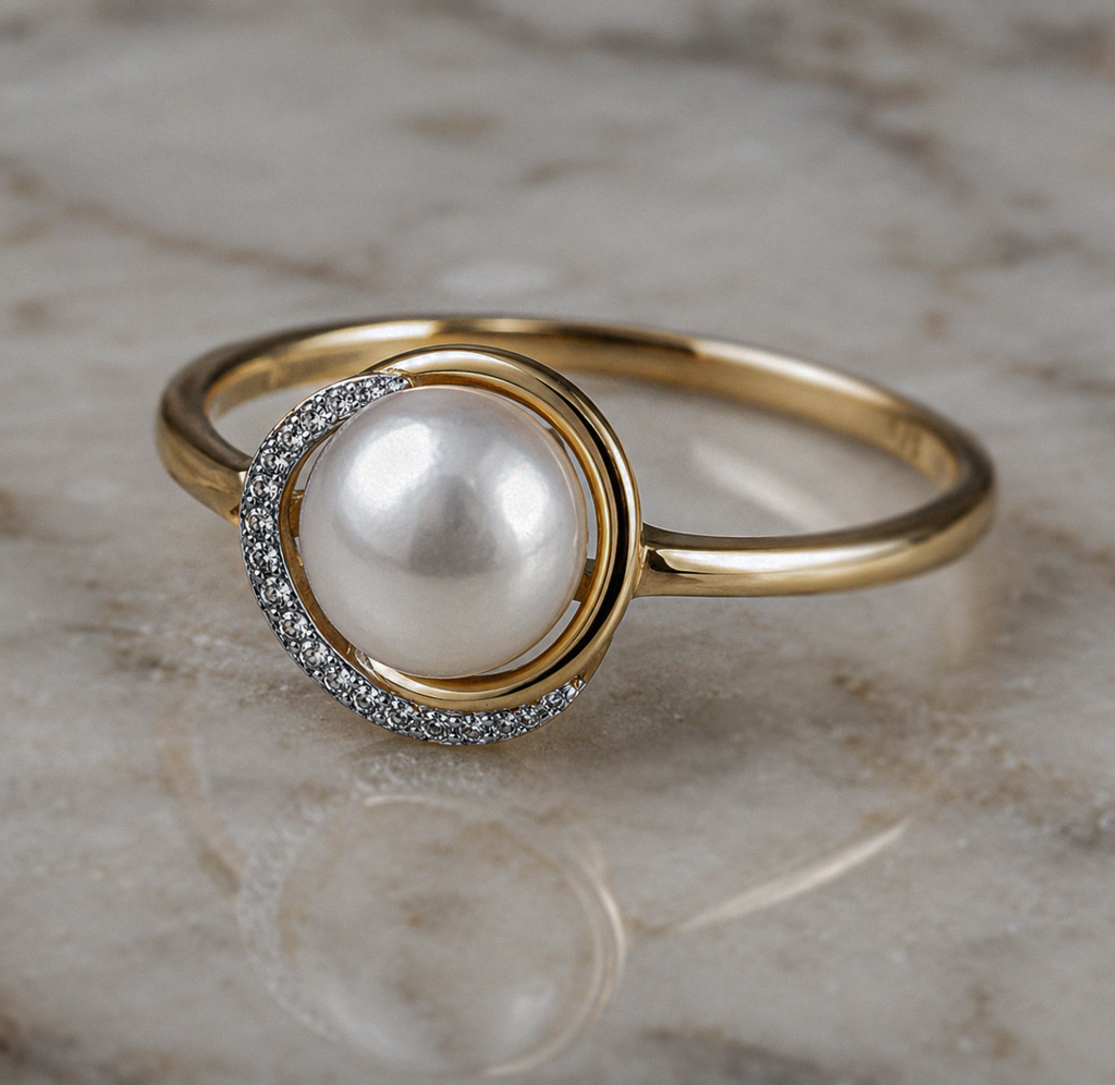 9ct Yellow Gold Button Pearl & Diamond Wave Ring