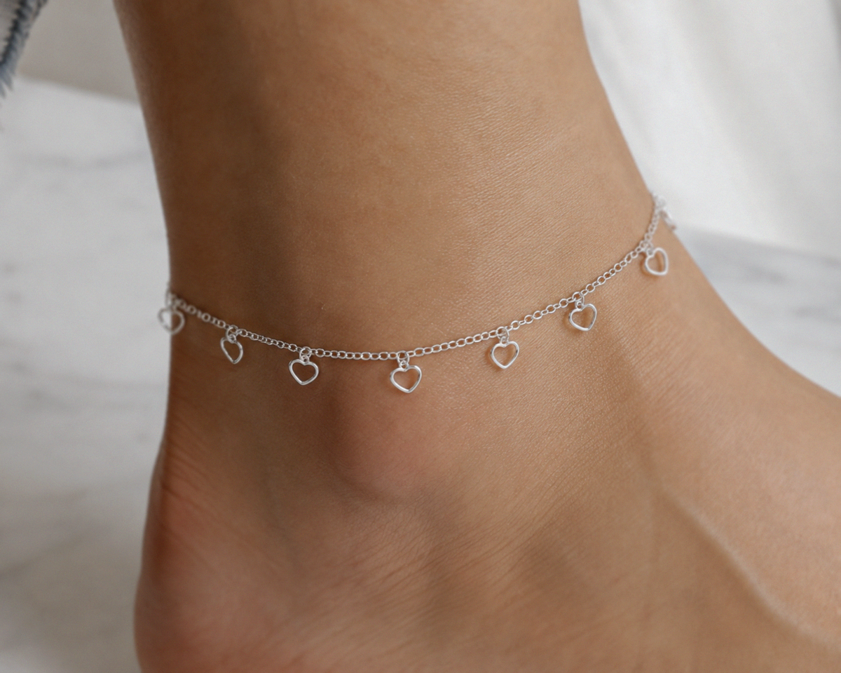 Sterling Silver Multi Heart Anklet 23–28cm