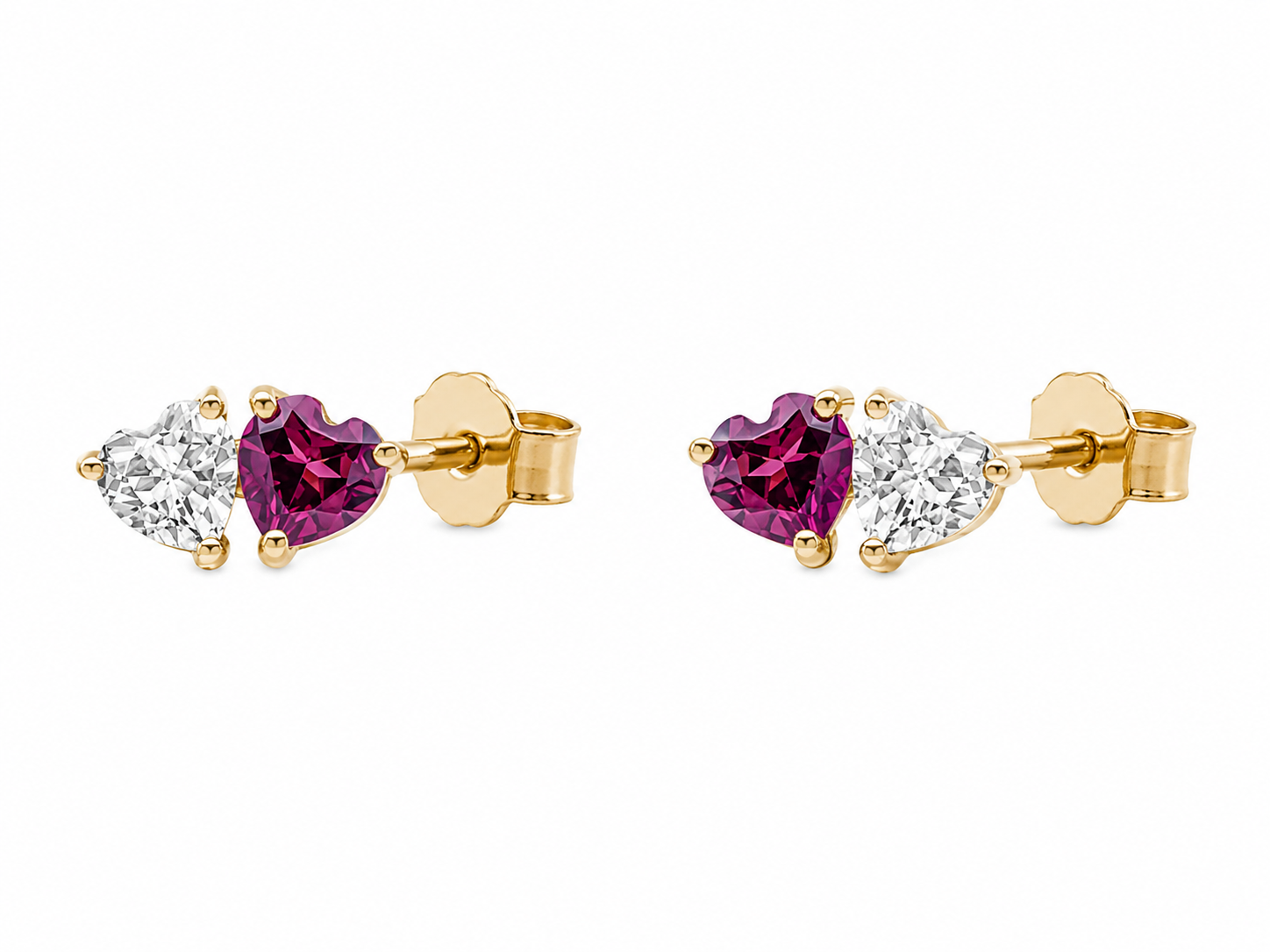 9ct Yellow Gold Toi et Moi Heart Stud Earrings – Rhodolite Garnet & White Topaz
