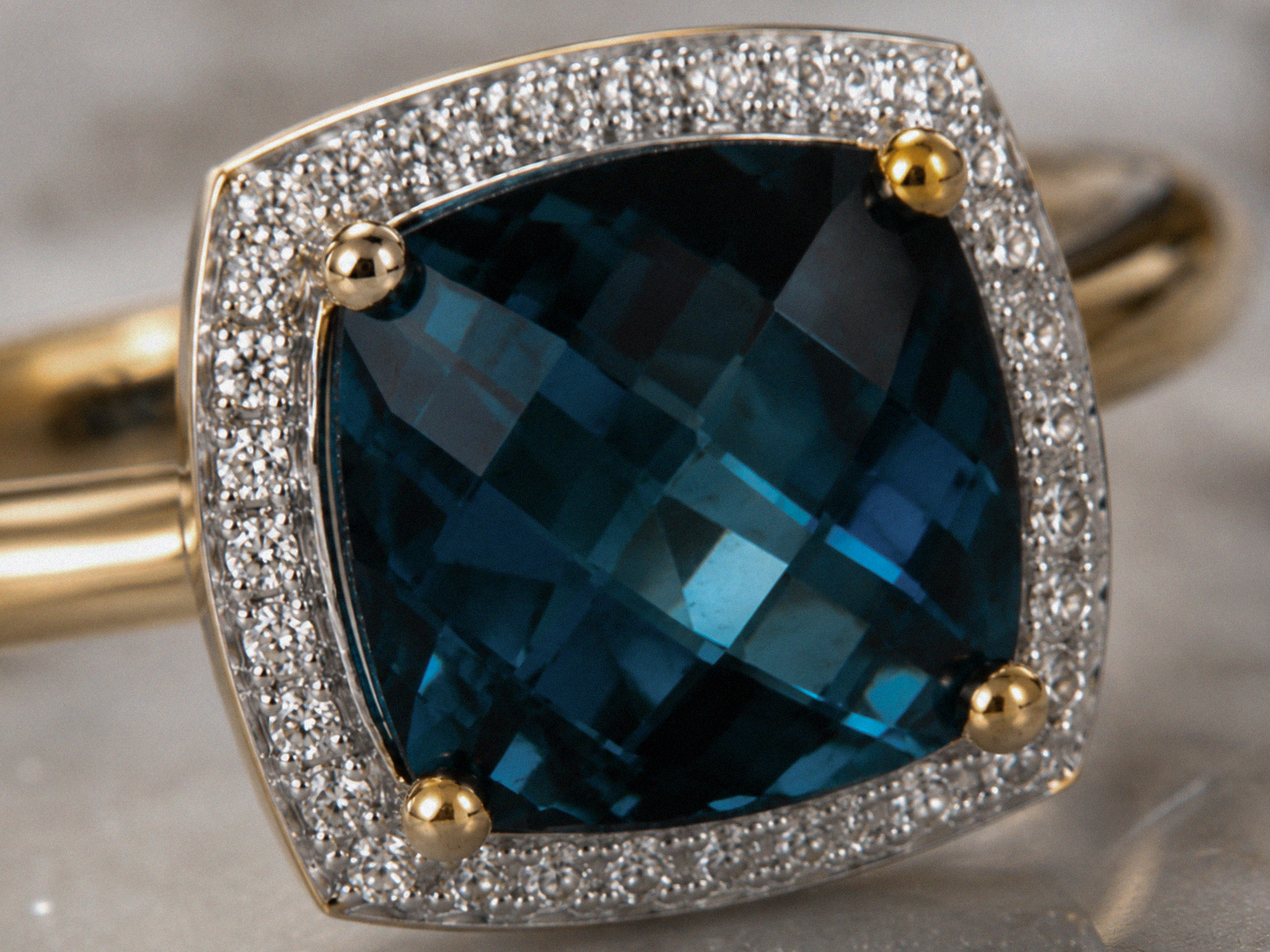 Checkerboard London Blue Topaz & Diamond Ring in 9ct Gold