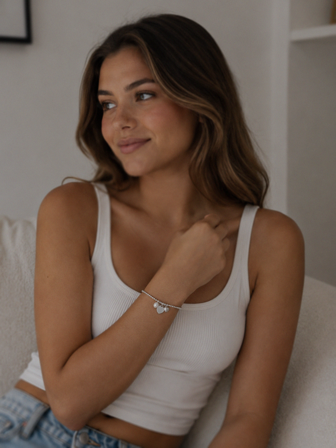 Sterling silver Heart Charm Bracelet with Pearl - Engravable