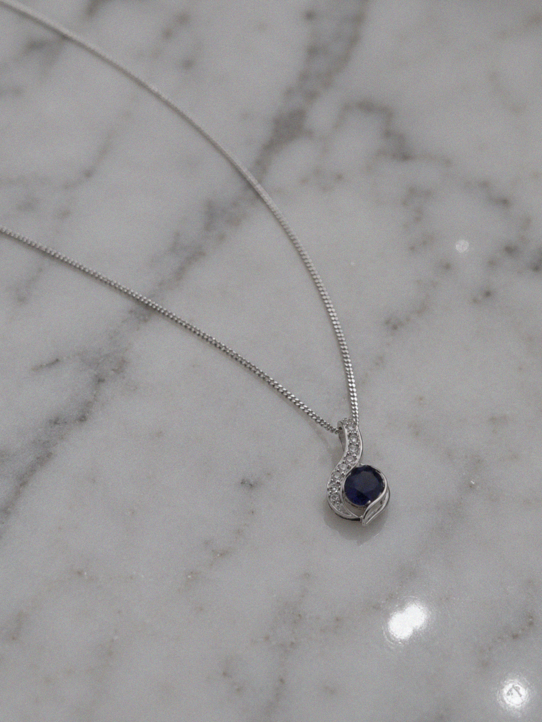 Blue Sapphire & Diamond Swirl Necklace set - 9ct White Gold