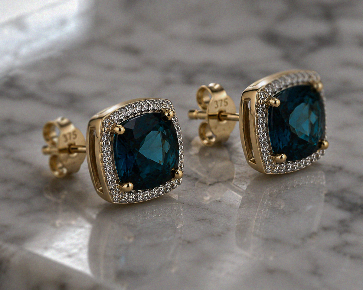 London Blue Topaz & Diamond Earrings in 9ct Gold.