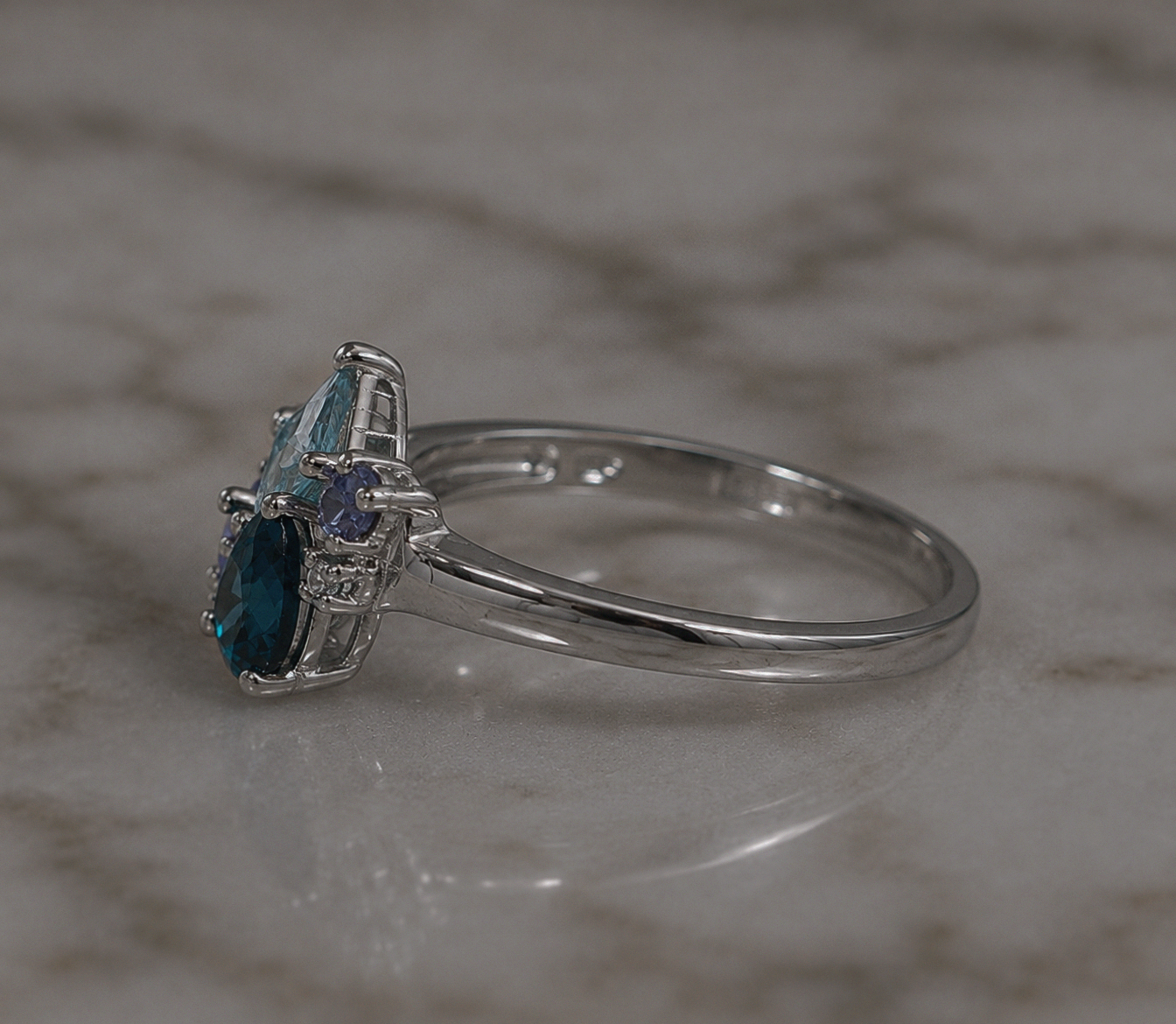 9ct White Gold Blue Topaz, Iolite & Diamond Cluster Ring