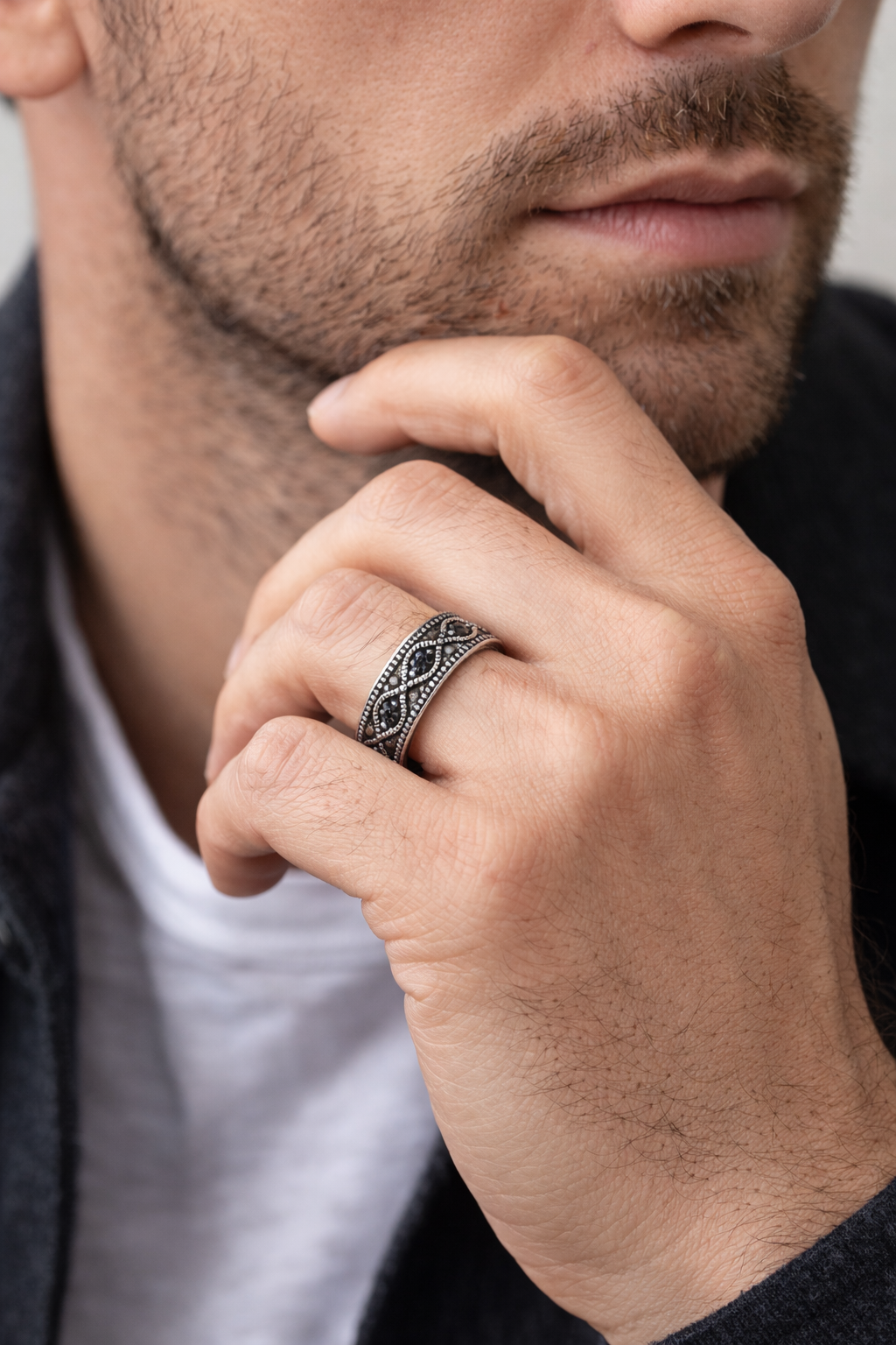 Sterling Silver Black Cubic Zirconia Wave Band Ring.