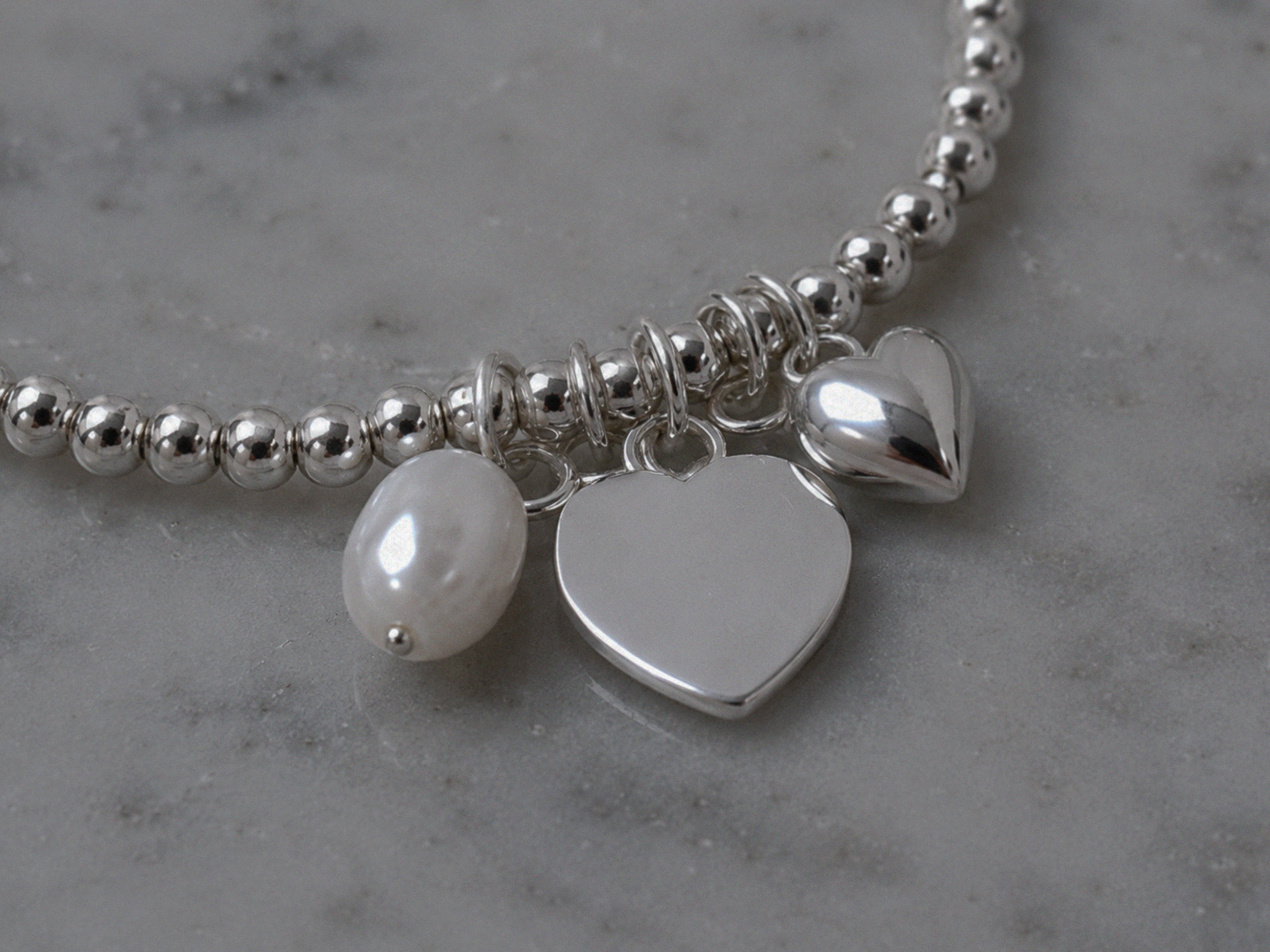 Sterling silver Heart Charm Bracelet with Pearl - Engravable
