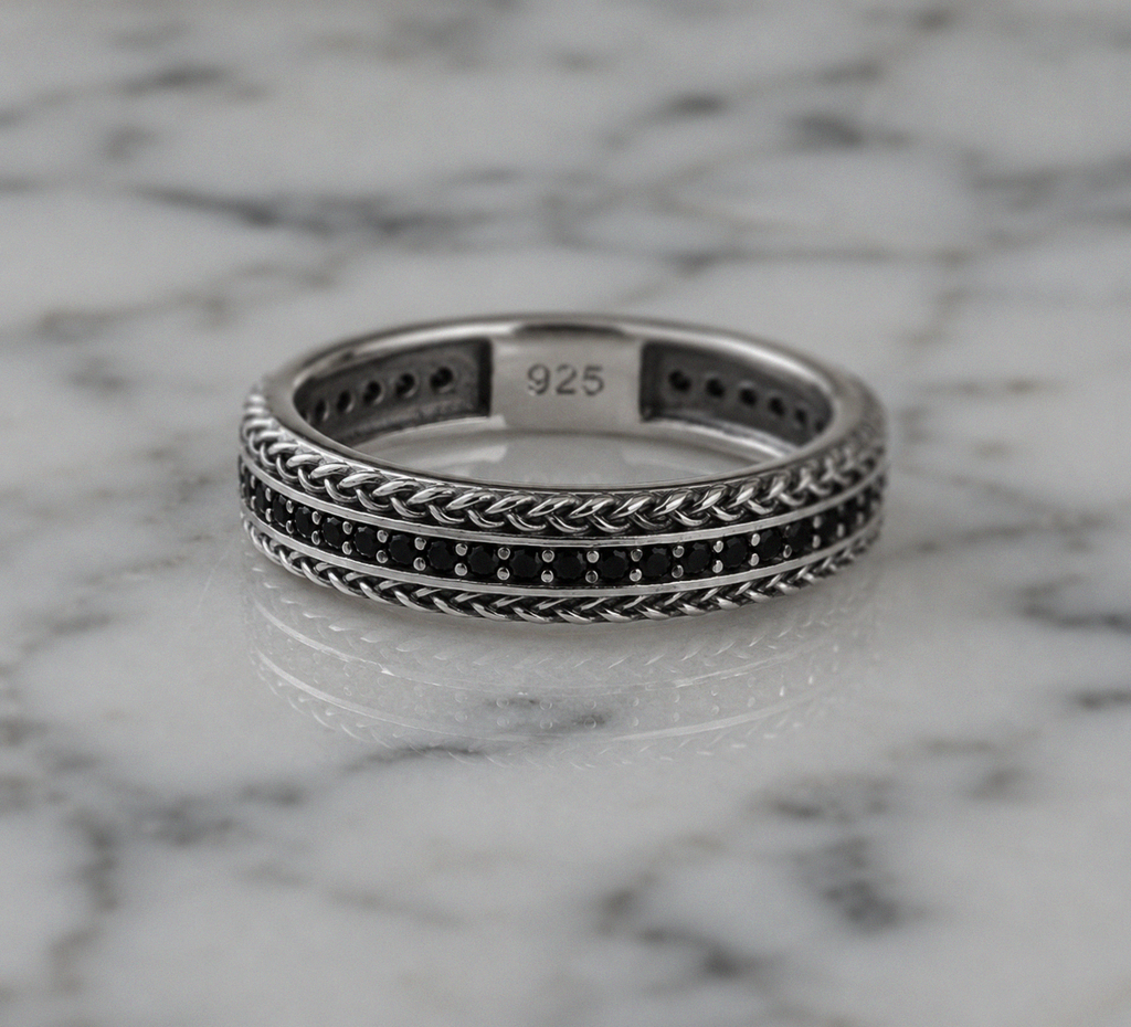 Sterling Silver Black Cubic Zirconia Woven Band Ring