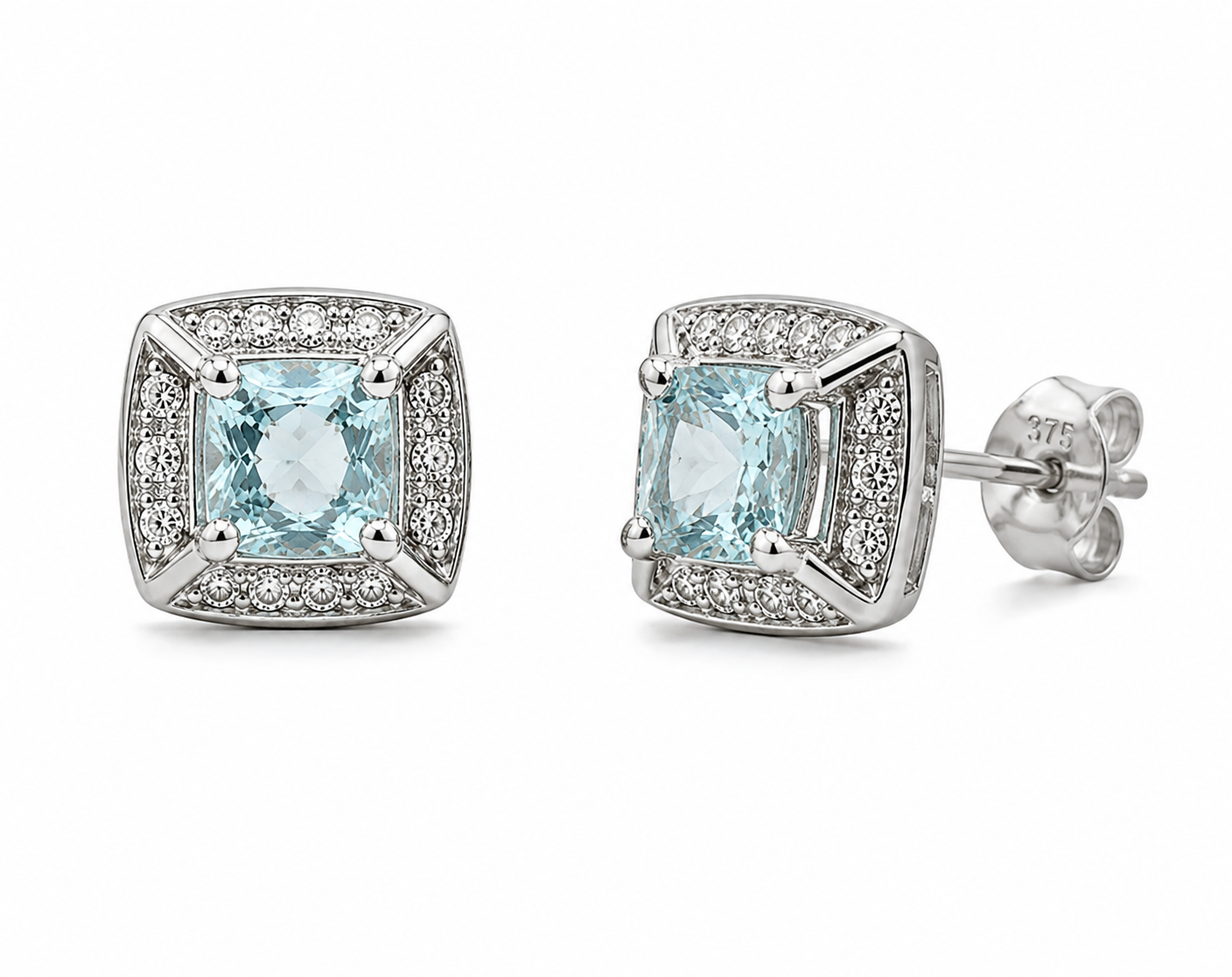 9ct White Gold Aquamarine & Diamond Stud Earrings