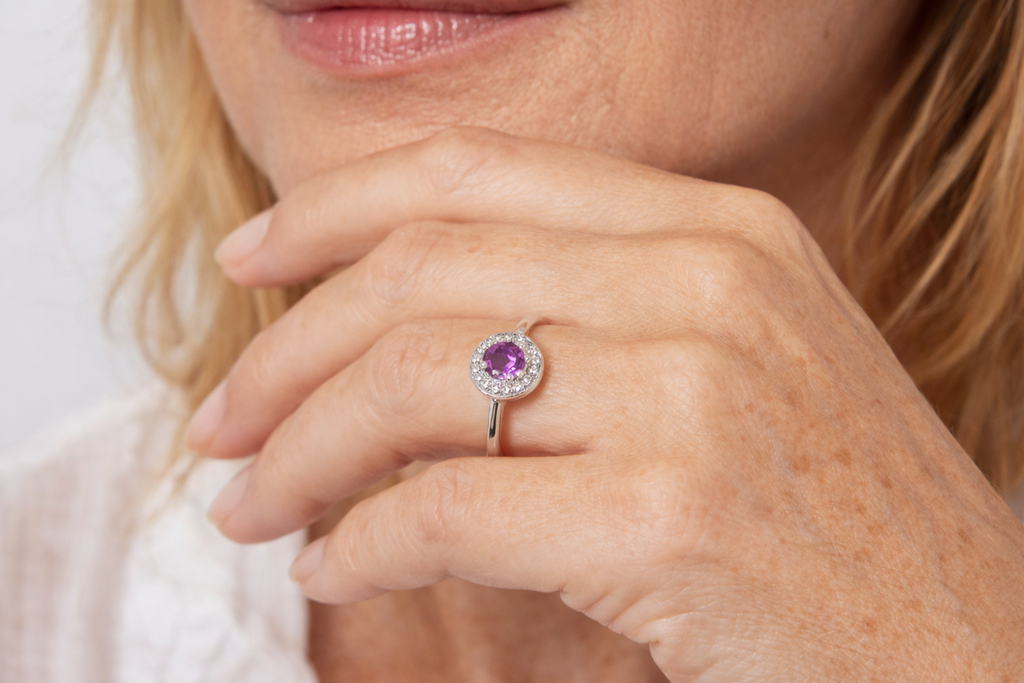 9ct White Gold Sapphire & Diamond Halo Ring – 0.07ct Diamonds