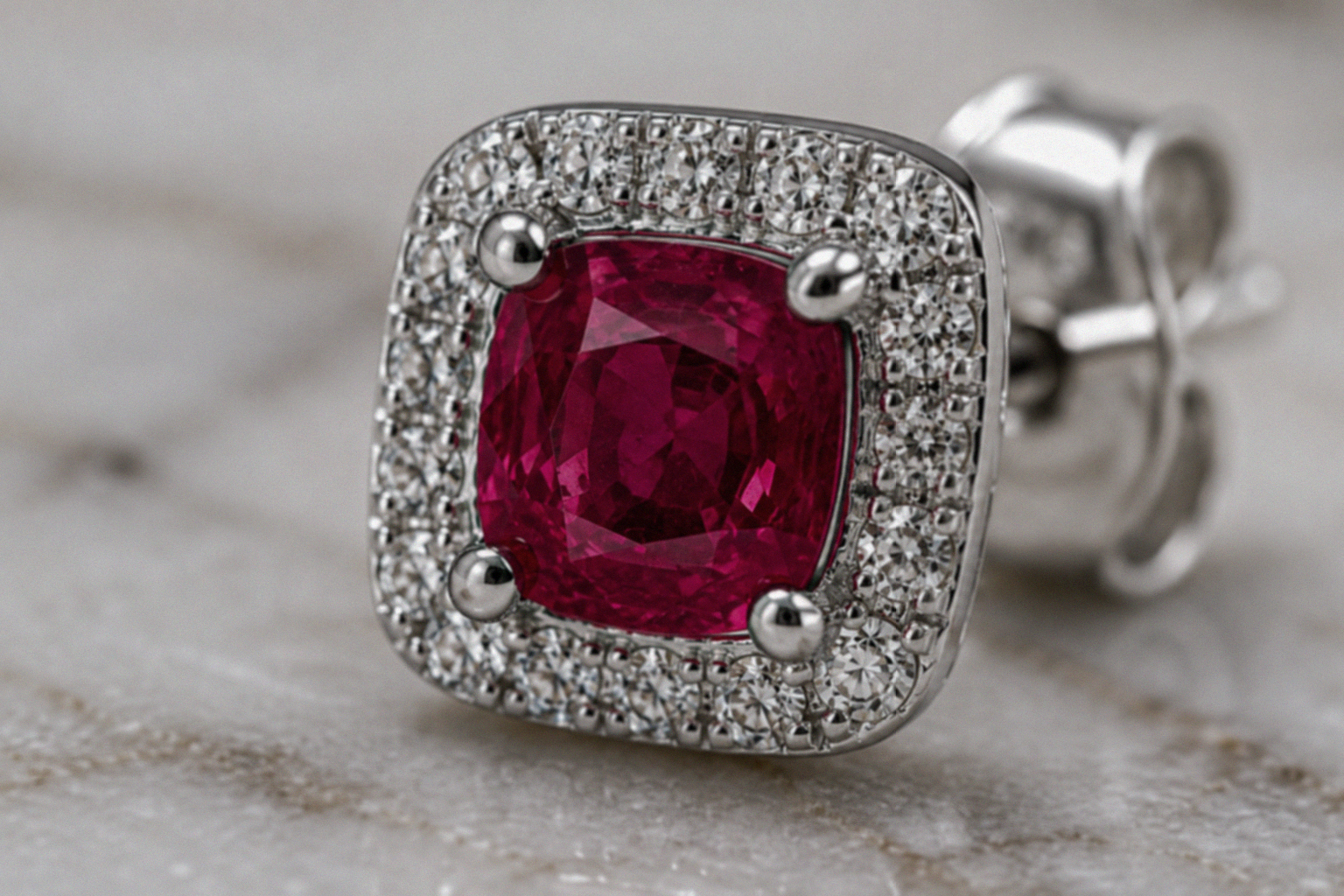 Cushion Cut Ruby & Diamond Halo Stud Earrings in 9ct White Gold