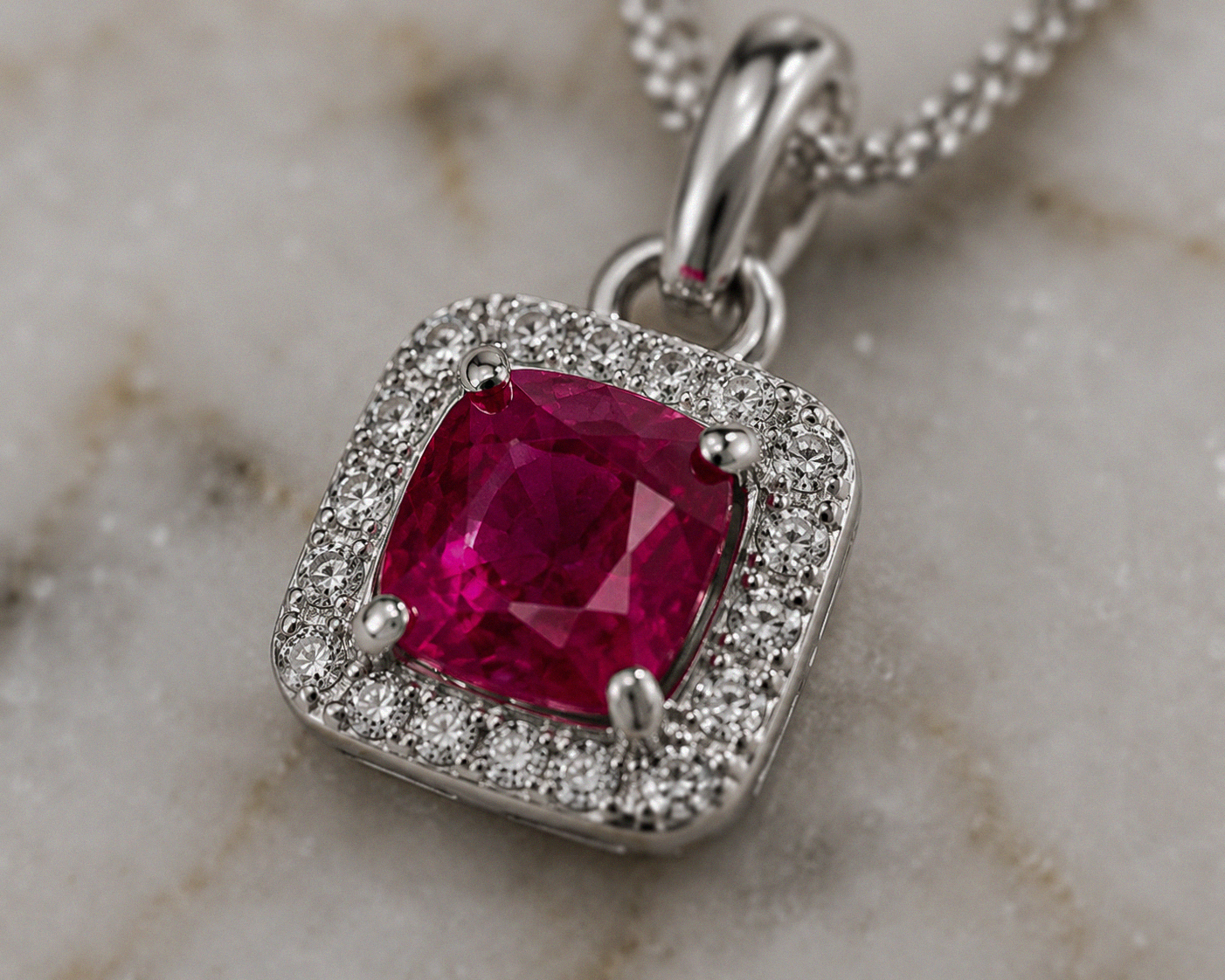 Cushion Cut Ruby & Diamond Halo Pendant Necklace in 9ct White Gold