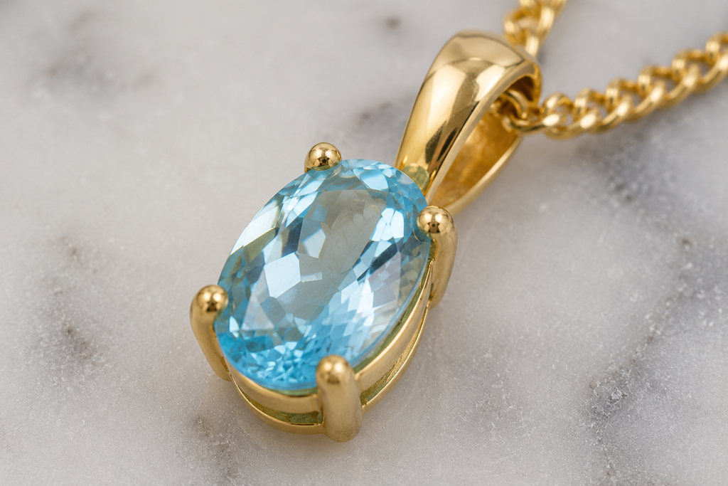 9ct Yellow Gold Swiss Blue Topaz Oval Pendant Necklace