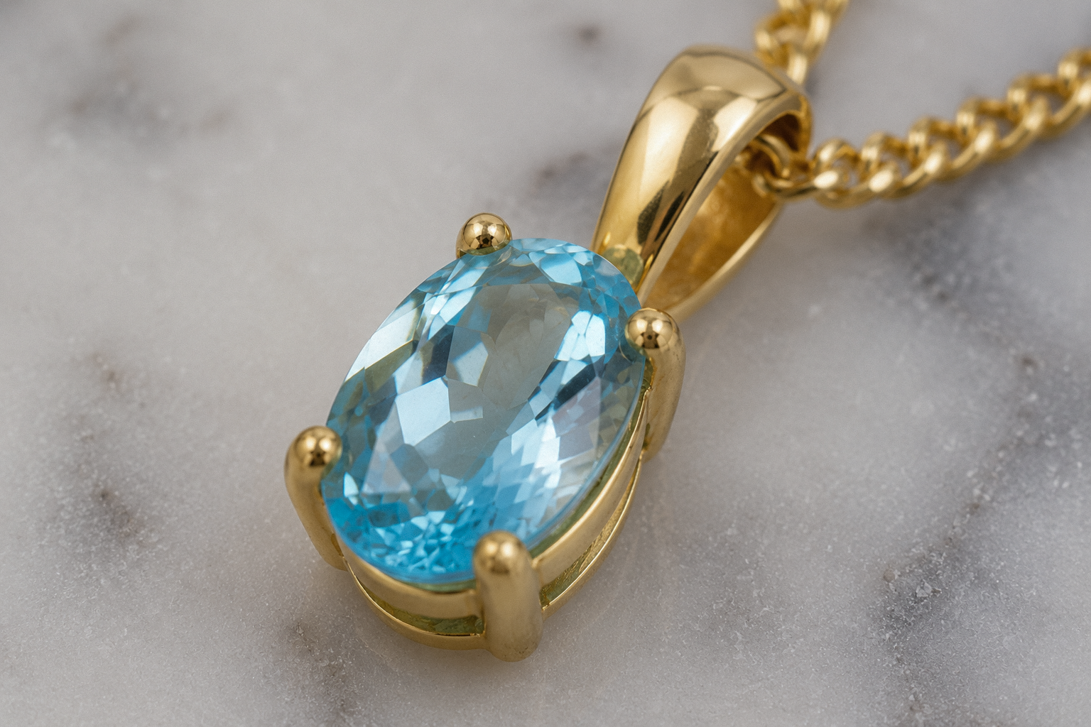 9ct Yellow Gold Swiss Blue Topaz Oval Pendant Necklace