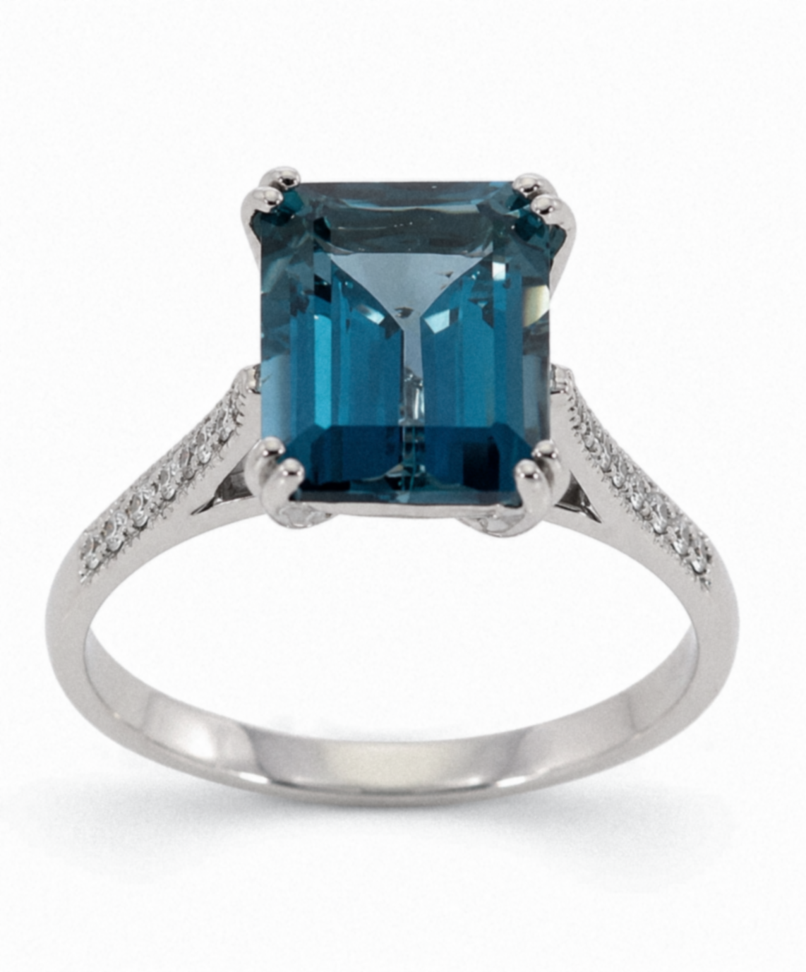 9ct White Gold London Blue Topaz & Diamond Octagon Cut Ring