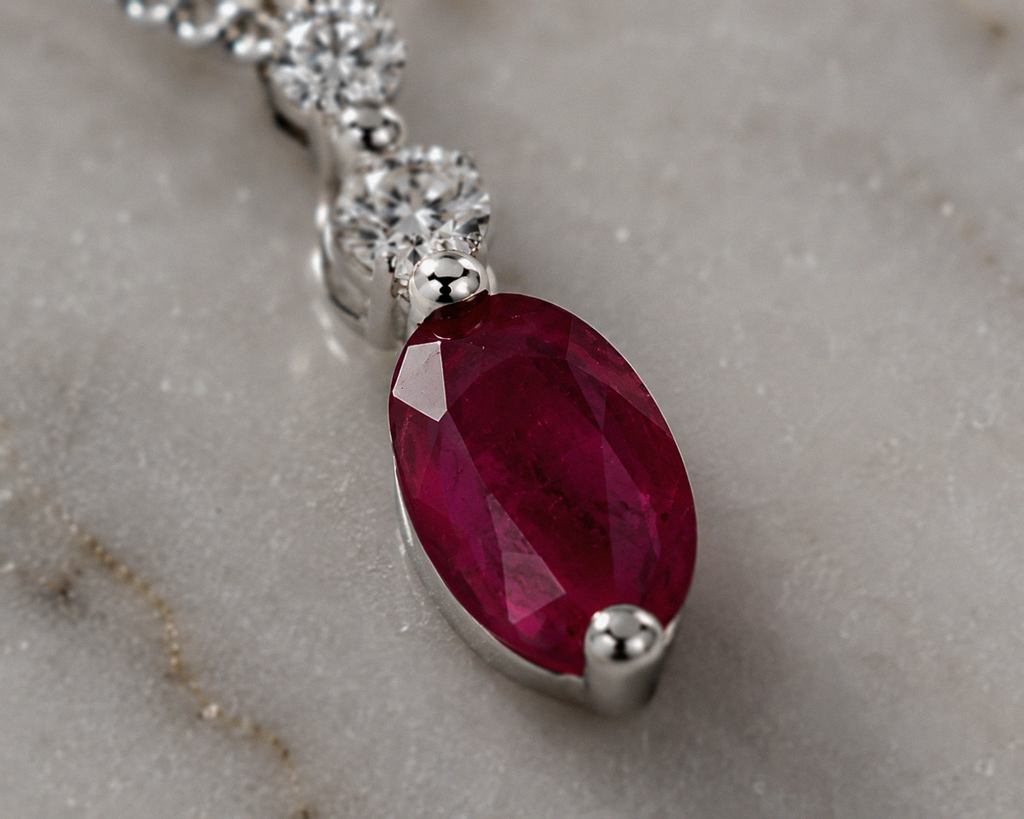 Ruby & Diamond Drop Pendant Necklace in 9ct White Gold