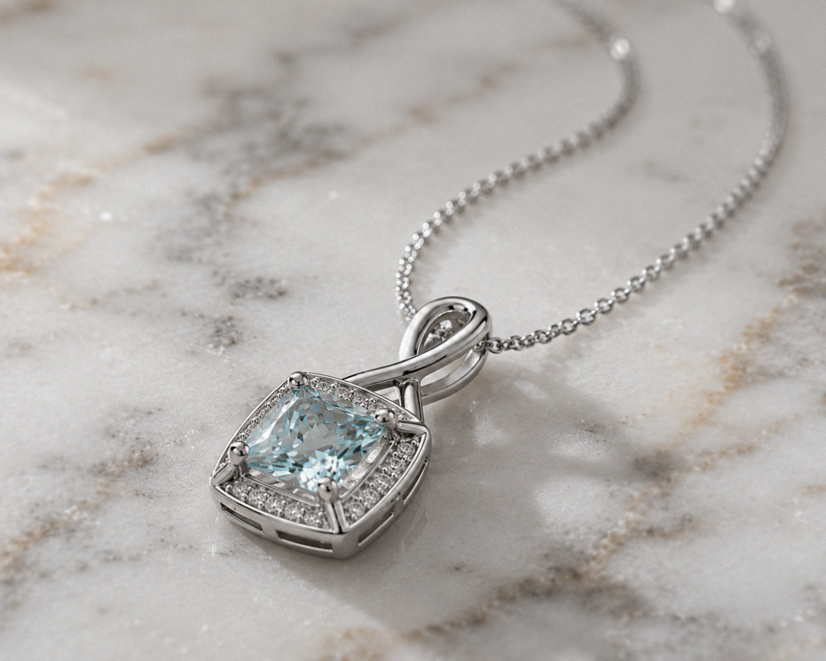 9ct White Gold Aquamarine & Diamond Twist Pendant with Diamond-Cut Curb Chain