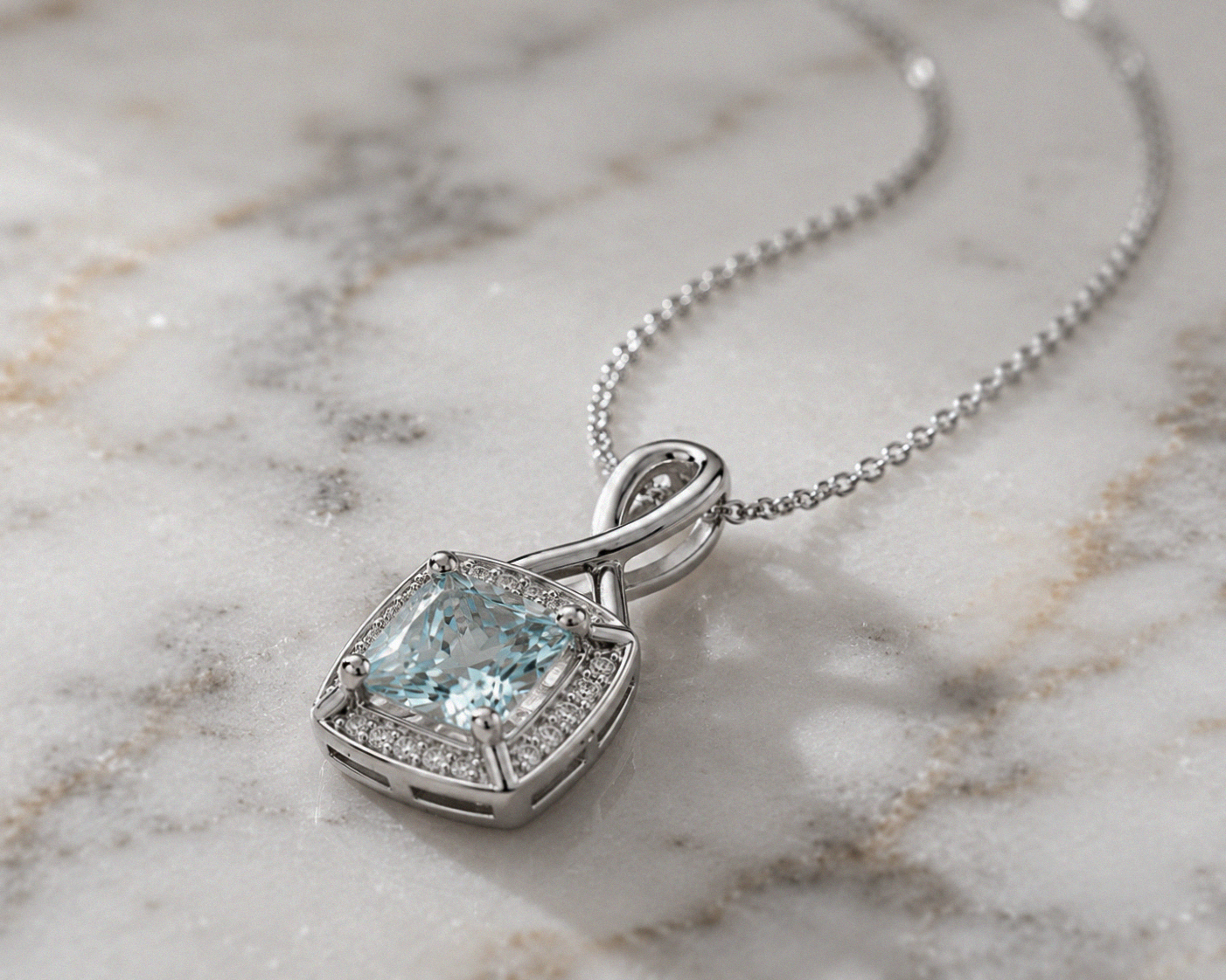 9ct White Gold Aquamarine & Diamond Twist Pendant with Diamond-Cut Curb Chain